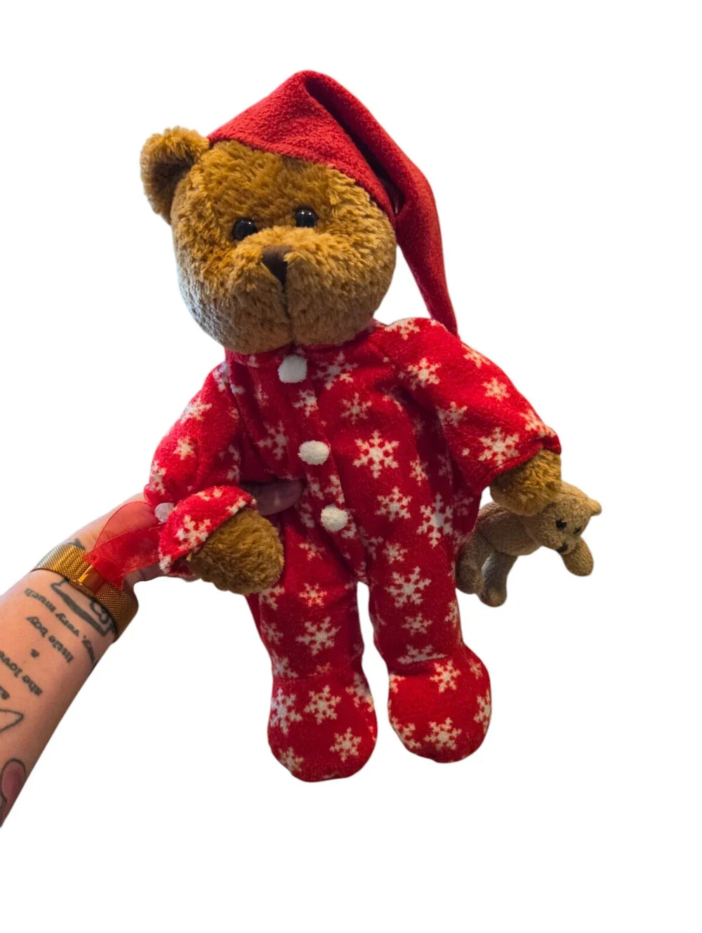 Vintage Galerie Plust Stuffed Animal Teddy Bear in Christmas Pajamas Red Tan
